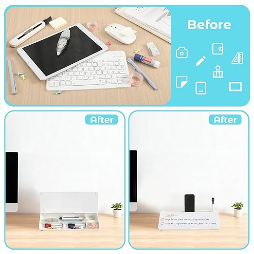 Glass Desk Whiteboard with Storage, 6.8" x 15.8" Small Dry Erase Board, Desk Board with Computer Keyboard Stand & Built-in Drawer, Includes 4 Markers, 1 Eraser for Office, Home, School