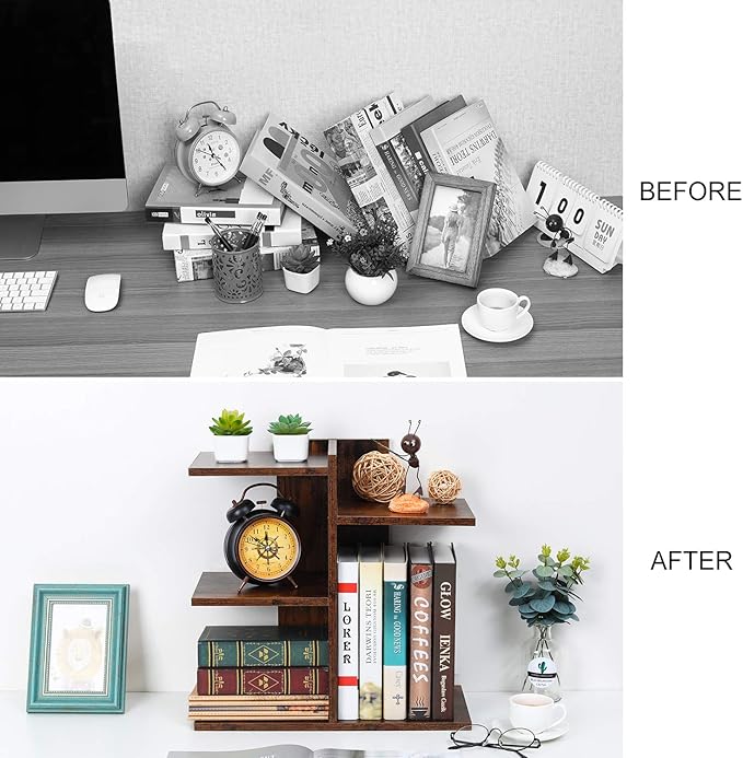PAG Wood Desktop Shelf Small Bookshelf Desk Supplies Organizers and Accessories Storage Display Rack Office Decor for Women, Antique Brown