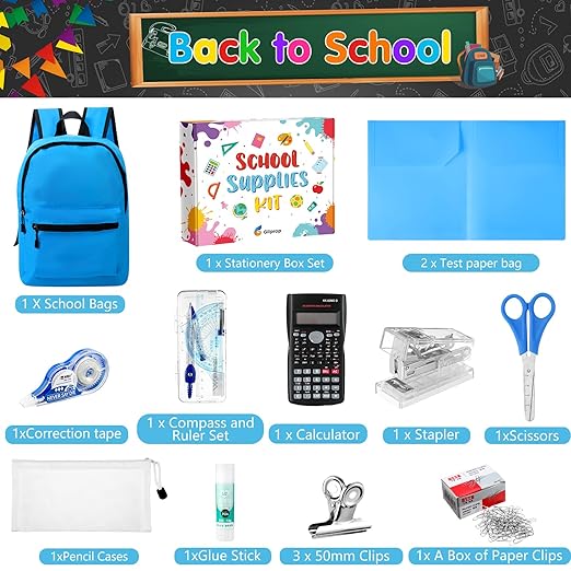 Gilprop 126 Pcs Christmas Middle High School Supplies Kit with Backpack for Student 7-12 Grades, School Supplies Bulk Bundle Essential Notebook Calculator for Xmas Holiday Gifts(Blue)