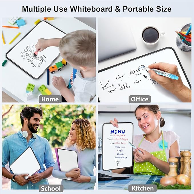 Small Dry Erase White Board for Kids & Students, 12"x 8" Handheld Double-Sided Mini Writing Board | School Home Office Use | 2 Magnetic Marker Pens Included