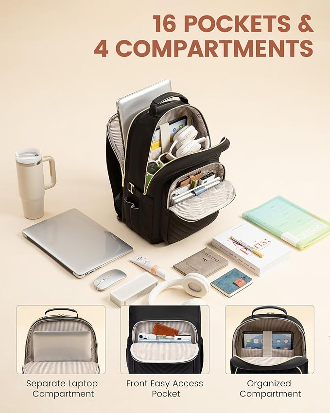 LOVEVOOK Laptop Backpack for Women with Giant Tumbler Holder 15.6 inch,Designer Travel Backpack Laptop Bag College Backpack,Quilted Work Nurse Teacher Backpack Purse Computer Bag Casual Daypack, Black