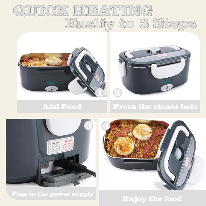 Buddew Electric Heated Lunch Box, 80W Fast Heating, 1.5L Food-Grade 304 Stainless Steel, 12V/24V/110V Portable Food Warmer for Car Truck Office Adults, Lonchera Electrica Portatil (White)