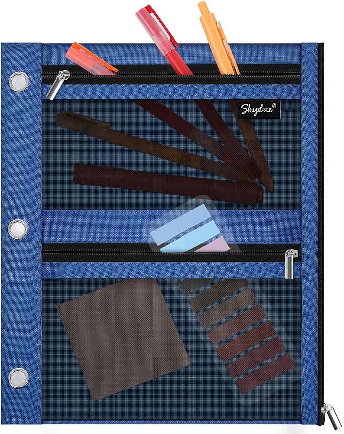SKYDUE Pencil Pouch for 3 Ring Binder, 3 Pockets and Mesh Window | Zipper Pencil Pouch Pencil Bag with 3 Reinforced Grommets, Durable Organizer for School Supplies, Cables, Earbuds, Makeup