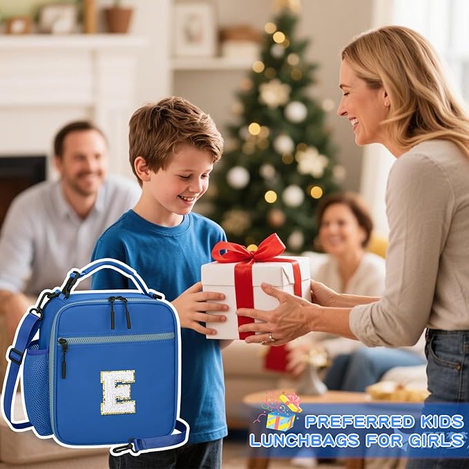 Initial Insulated Lunch Bag for Boys Kids, Back to School Gift, Reusable Leak-proof Lunch Box with Adjustable Strap for School Daycare Travel Picnic（Blue，E）