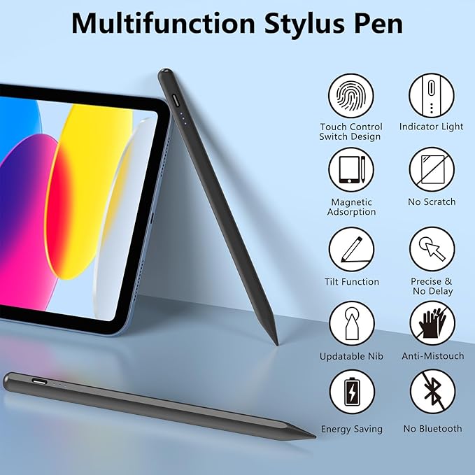 Stylus Pen for iPad 2018-2025 with Palm Rejection, Active Pencil for iPad 10th/9th/8th/7th/6th Generation, for iPad Pro 11/12.9 inch, for iPad Air 5th/4th/3th Gen, for iPad Mini 6th/5th Gen (Black)