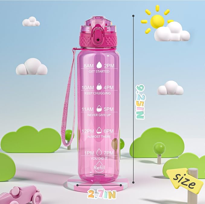 OLDLEY 17oz Kids Water Bottle, Tritan BPA-Free, Leakproof Flip Straw Lid, Motivational Time Marker, Carry Strap, Reusable Clear Water Bottle for Boys & Girls,Eggplant