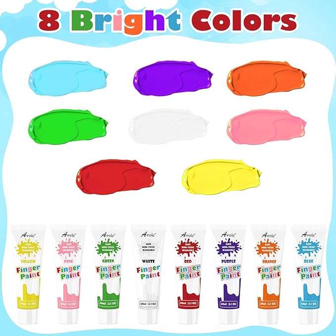 AROIC Non-Toxic Finger Paint Set - Vibrant Washable 8 Colors (60ml), Creative Art Gift for Children Age 12+, Hand Painting Art Supplies for DIY Crafts