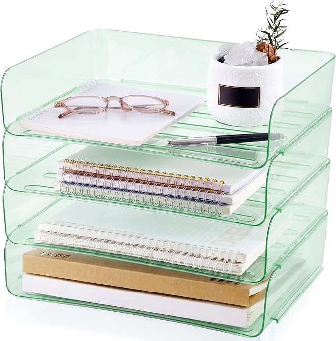 Harloon 4 Tier Clear Sage Green Acrylic Paper Organizer Letter Tray, Aesthetic Stackable Desk File Organizer Paper Holder Office Tray for A4, Modern Office Classroom Home File Pad Books Notes