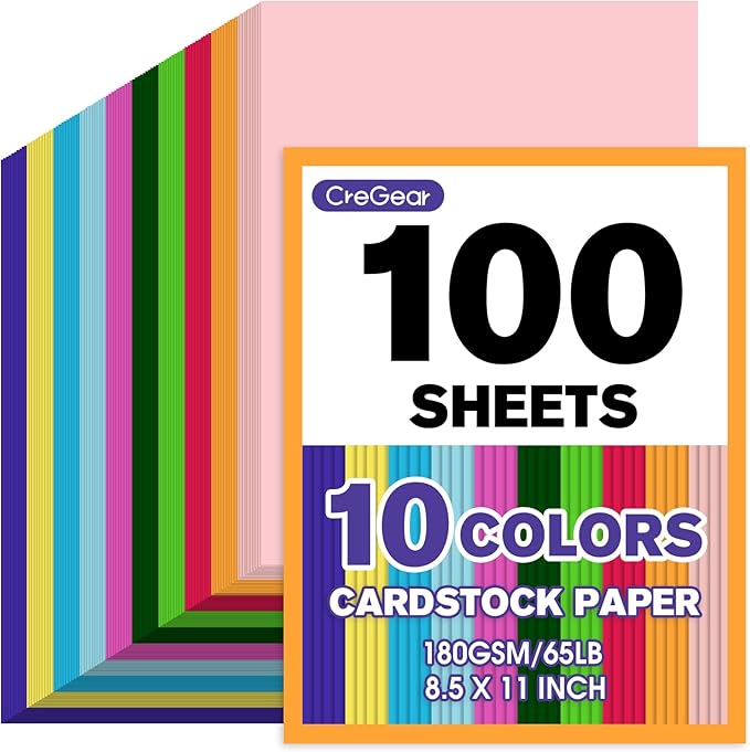 CreGear 100 Sheets Colored Cardstock Printer Paper 8.5 x 11, 10 Assorted Colors Card Stock, 180gsm/65lb Multicolor A4 Colorful Construction Paper for Crafting, Christmas DIY Card Making, Scrapbooking