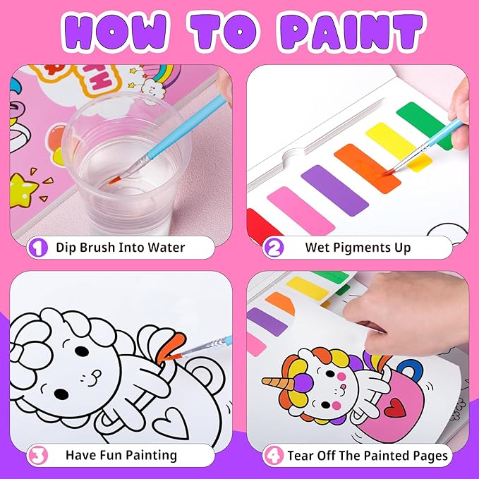 Fenmay Paint with Water Coloring Books for Kids, Mess Free Watercolor Paint Sets with 2 Premium Brushes, Arts and Crafts Birthday Gift for Kids Age 3-5 4-8, Travel Activities Toy (Unicorn)