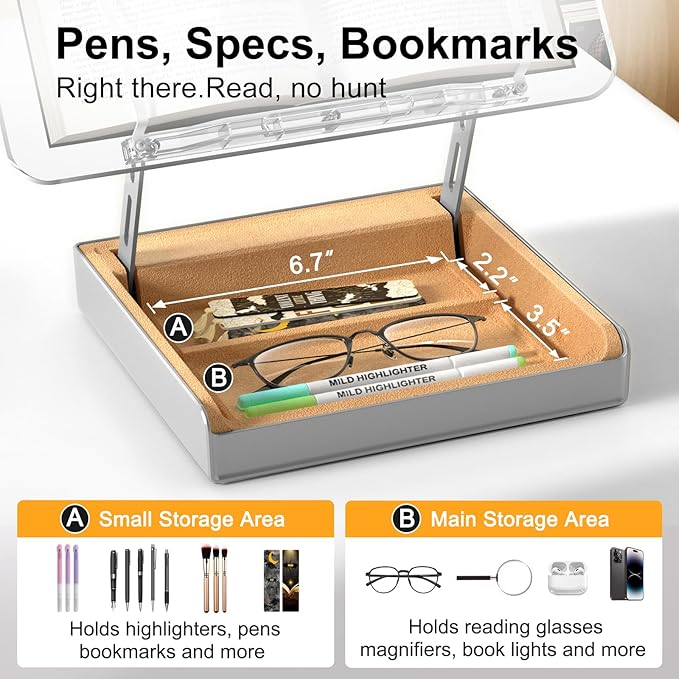Book Stand with Storage, Book Holder for Reading Hands Free, Wooden Cookbook Stand for Kitchen Counter, Adjustable Reading Stand for Desk, Recipe Stand, Book Prop for Book Lovers (Clear)