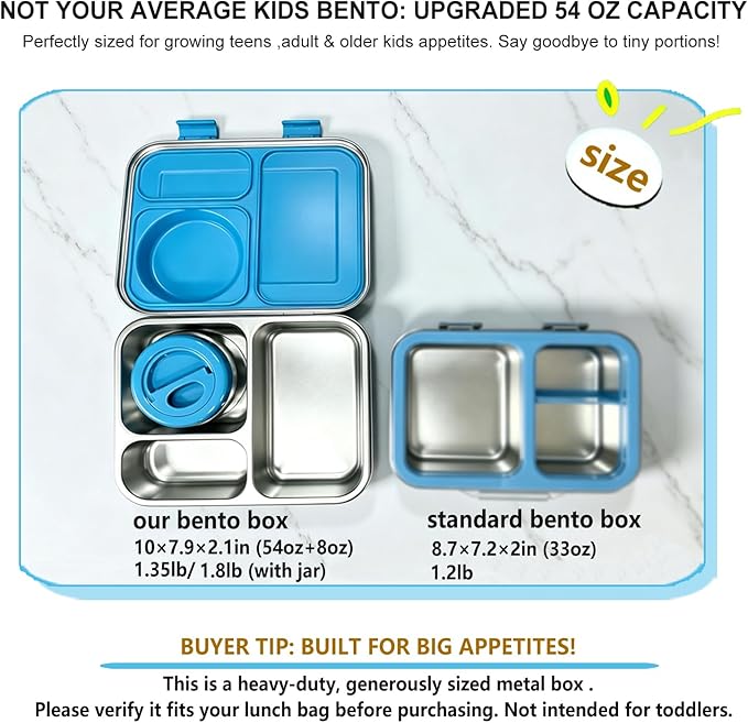 Stainless Steel Bento Lunch Box：7+ Older Kids，Teens ＆ Adult with Insulated Food Jar,Leakproof 3-Compartment,BPA-Free, Eco-Friendly,Dishwasher Safe, Large-Capacity Box, School,Office,Travel （Blue)