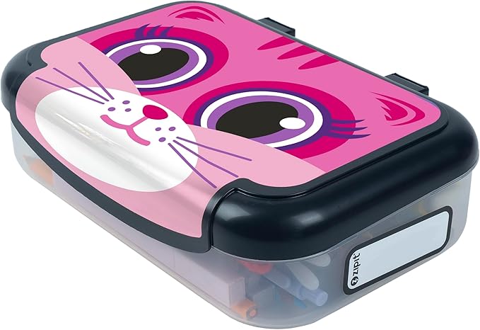 ZIPIT Recycled Plastic Pencil Box for Girls, Large Capacity Pencil Case for School, Durable Stationery Organizer Box, Pink Kitty