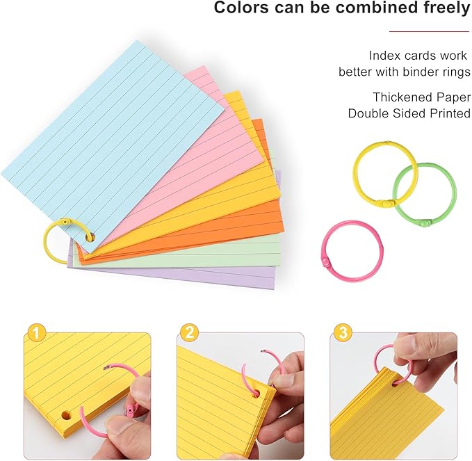 Ruled Colour Index Cards, 300PCS 3" x 5" Punched Flash Cards with 6 Binder Rings, Lined Blank Flashcards, Assorted Colored Study Notecards, Cue Cards for Studying, Office, School (005)