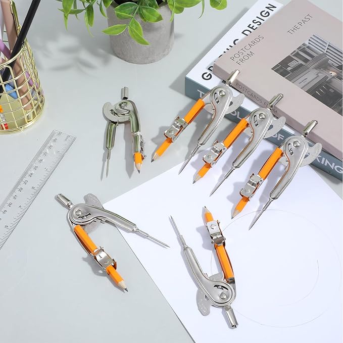 30 Pieces Compass for Geometry with Pencil, Metal Geometry Drawing Tool 6 Inch Silver Compass for Math Student Classroom School Office Woodworking Art Drawing