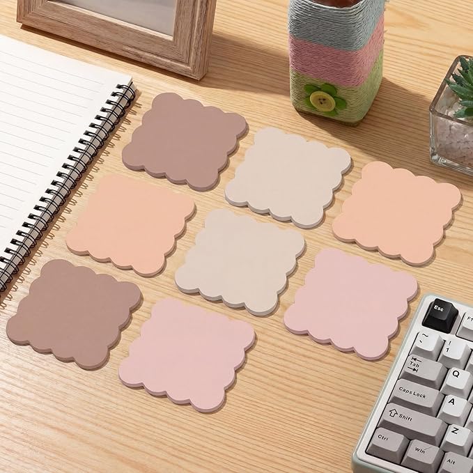 Eaasty 8 Pack Scalloped Aesthetic Sticky Notes Bulk Brown Colors Cute Wavy Self Sticky Note Pads 3" x 3" Blank Note Pads for Back to School Office Supplies 240 Sheets