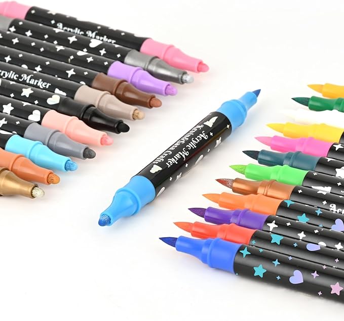 24 Colors Dual Tip Acrylic Paint Marker Pens Set, Multifunctional Acrylic Tips with Laser Pen Body, Professional Acrylic Paint Pens for Wood, Canvas, Rock Painting, Glass, DIY Crafts Art Supplies