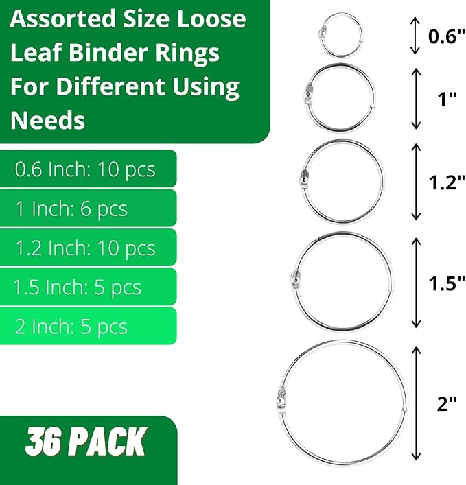 Mr. Pen- Loose Leaf Binder Book Rings, 5 Assorted Sizes (0.6", 1", 1.2", 1.5",2"), 36 Pack, Metal Binder Rings for Index Cards, Keychains, School, Home, Office, Silver