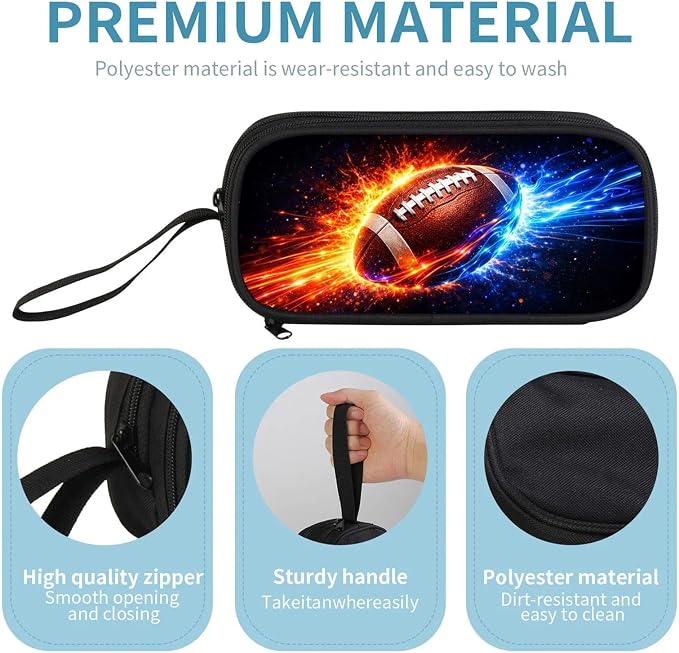 Firmiso Kids Pencil Case, Fire & Ice Football Graphic, Large Capacity Double Zipper Pencil Pouch with Compartments, Durable Polyester School Supplies Organizer, Back to School Essential