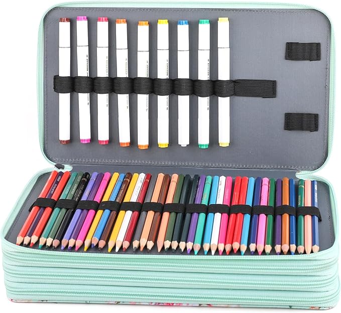 Vomgomfom 300 Slots Marker Bag, 4-Layer Zipper Portable Art Supply Organizer, PU Leather Large Capacity Marker Case Holds 100 Markers or 300 Colored Pencils with Handle (Green Rose)
