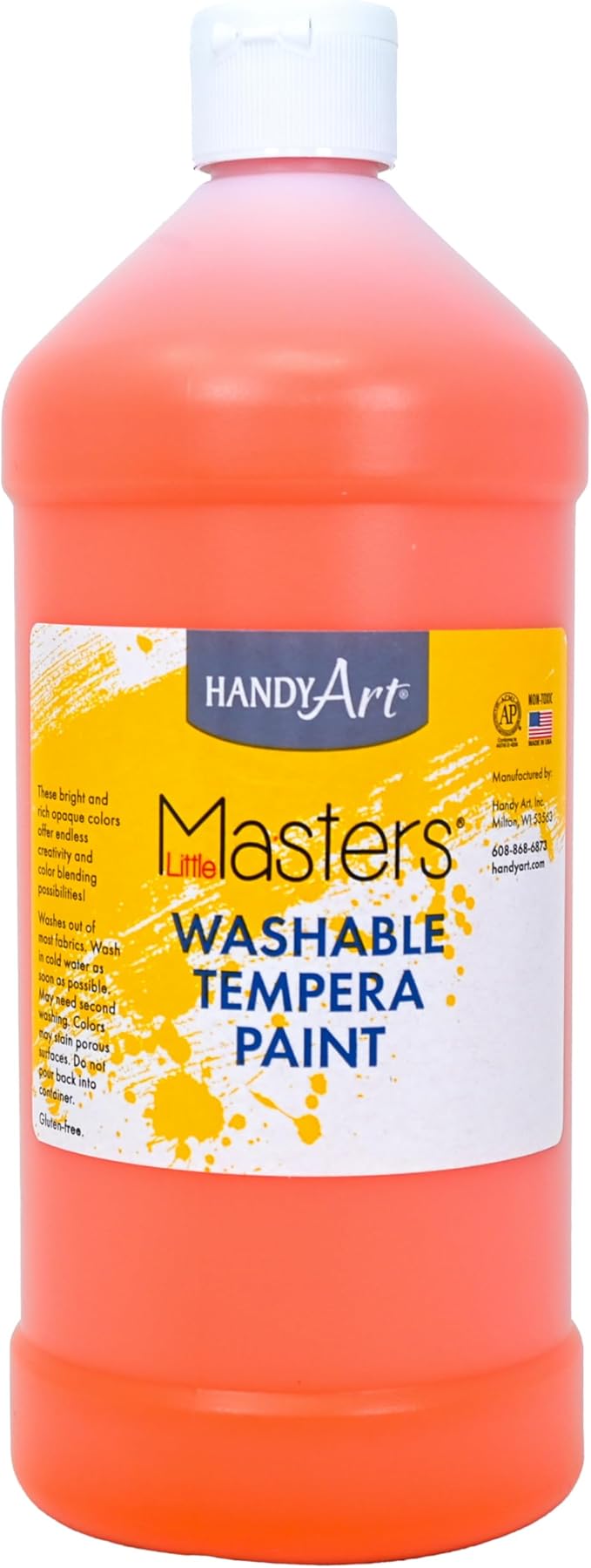 Handy Art Little Masters Washable Tempera Paint, Orange, 32 oz Bottle, Bright & Mixable, High Opacity, Washable Colors for Classroom, Students, Kids, Young Artists, Safe & Non-Toxic, Made in USA