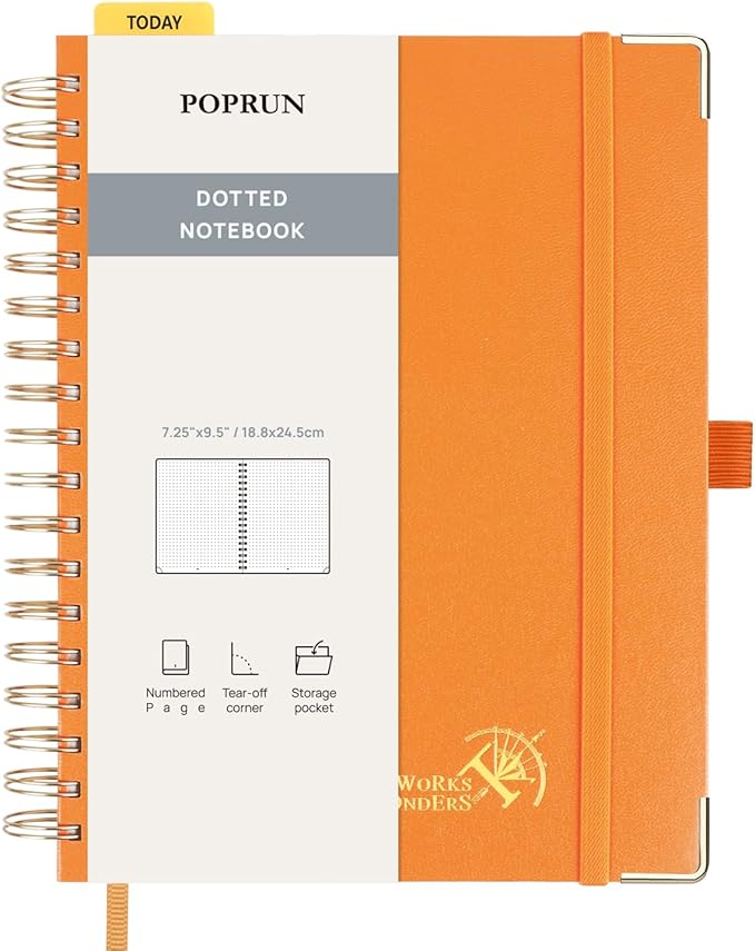 POPRUN Dotted Journal Spiral Notebook, B5-7-1/4 x 9-1/2", 220 Pages, 120 GSM Dot Grid Notebooks, Hardcover Spiral Journals for Writing Journaling Drawing Women Men Work School, Orange