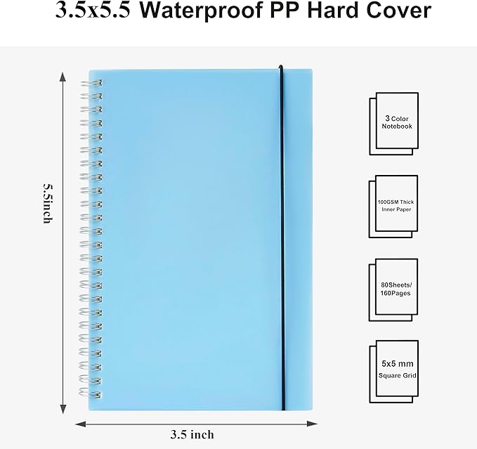 3 Pack Small Spiral Notebook Graph, 3.5x5.5 Mini Pocket Spiral Notebooks With 5x5mm Square Grid Pages, 80 Sheets/160 Pages 100gsm Thick Paper to Stay Organized for Work School Office