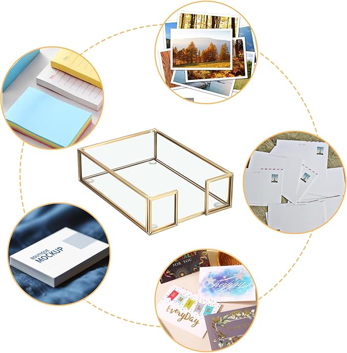 BTSKY Golden Glass Sticky Note Holder for 4x6 Inch Sticky Notes, Elegant Post It Note Dispenser with Non-Slip Pads Clear Notepad Holder for Desk Organization Planning, Home Office Decor