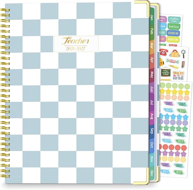 Teacher Planner 2026-2027, Jul 2026-Jun 2027 Academic Year, 8.5" x 11" Lesson Planner Book for Teacher Calendar, Spiral Bound Planners, Colorful Monthly Tabs, Planning Stickers, BlueCheckered