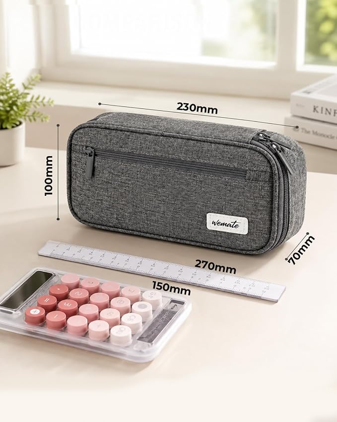 WEMATE Pencil Case, Large Capacity Pencil Pouch, Big Storage Organizer | for Stationery, Zipper Pen Bag, Travel Pen Box, Office Organizer Makeup Bag for Men Women Grey