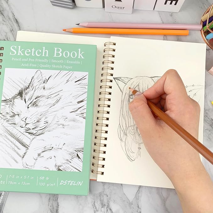 DSTELIN 2 Pack Hardcover Sketchbooks (100 GSM Sketch Paper), 7.5x5.1 Inch Spiral Sketch Book for Sketching, Drawing, Painting, 50 Sheets per Pack, Pink and Green