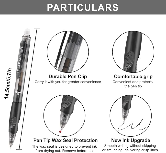 USUAL Retractable Erasable Gel Pens, 0.5mm Fine Point, 8 Black Ink Pens, Make Mistakes Disappear, Smooth Writing for Office & Back-to-School Supplies