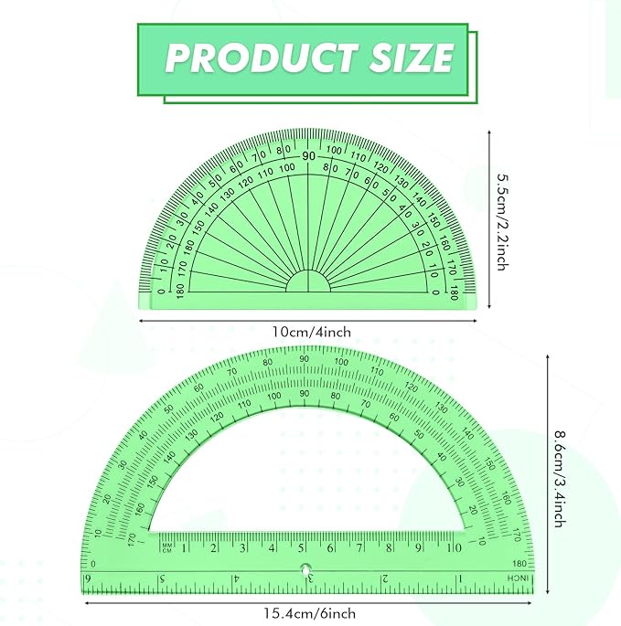 EBOOT 2 Pcs Plastic Protractor Clear 180 Degrees Transparent Protractor for Geometry, 4 Inch and 6 Inch(Green)