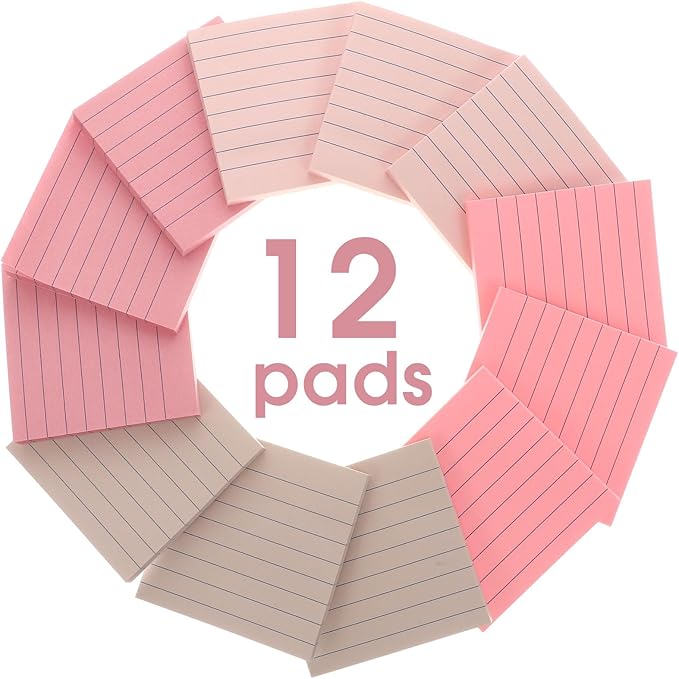 AmazingSpark 12 Pack Lined Sticky Notes 3x3 inch Post Ruled Stickies Super Self Stick Power Memo Pads Multi Colors Notes Pads Vintage Aesthetic School Office Supplies Accessories(Pink)