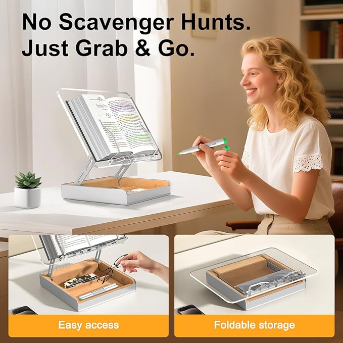 Book Stand with Storage, Book Holder for Reading Hands Free, Wooden Cookbook Stand for Kitchen Counter, Adjustable Reading Stand for Desk, Recipe Stand, Book Prop for Book Lovers (Clear)
