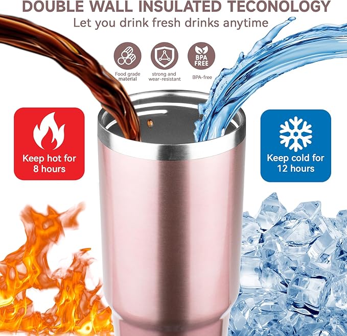 30oz Tumbler with Handle and Flip Straw Lid Double Wall Insulated Travel Coffee Mug Stainless Steel Vacuum Insulated Coffee Tumbler Cup for Hot and Cold Beverages,Leak-proof&BPA-free（30oz,Rose gold）