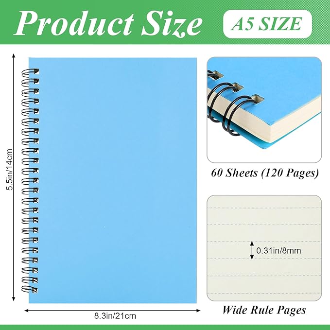 Leelosp 12 Pcs Small Spiral Notebook Lined Spiral Journal College Ruled Notebook Wire Bound Kraft Cover, 120 Pages for Work (Colorful,5.5 x 8.3 Inch)