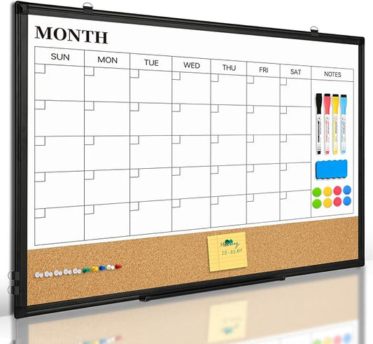 Dry Erase Calendar Whiteboard for Wall, 30"x20" Magnetic Monthly White Board Cork Board Combo, Double Sided, Black Aluminum Frame, Wall Hanging Wipe Board for Home, Office, School, Dorm