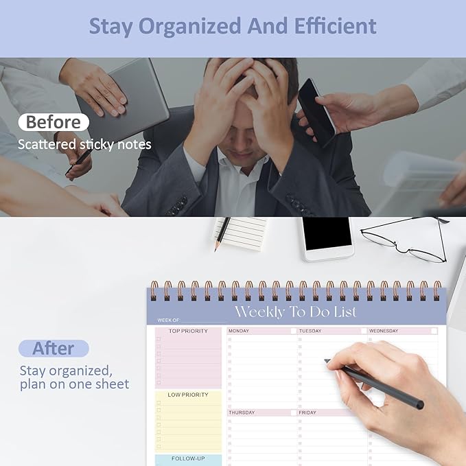 Weekly To Do List Notepad, 52 Sheets Undated Weekly Planner, 8.5"x11" Letter Size Horizontal Desk Pad with 100GSM Thick Paper, Twin-Wire Spiral Bound Tear Off Lined Organizer for Office Work, School & Home