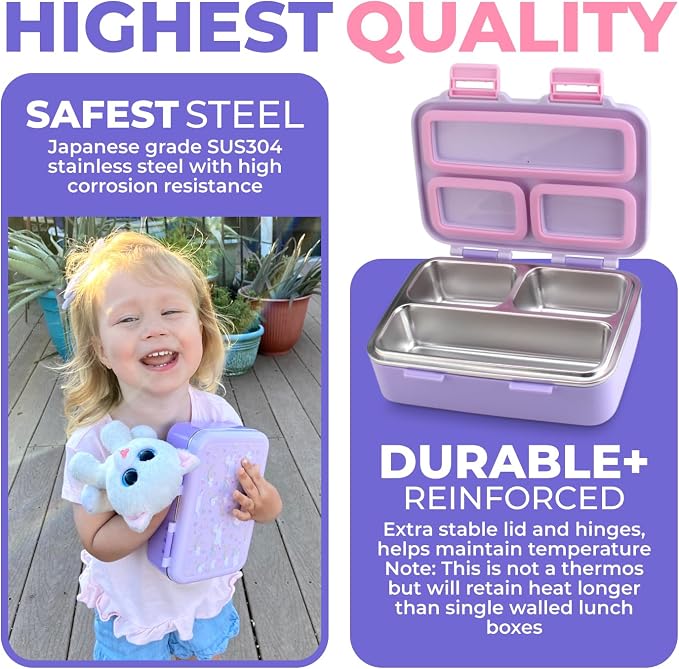 kinsho Small Stainless Steel Lunch Box for Baby Toddlers, Purple Unicorn | Mini Bento, 3 Eco Metal Portion Sections, Leakproof Lid, Spill-Proof, 18 oz Kids Girls Snack Container Pre School Daycare