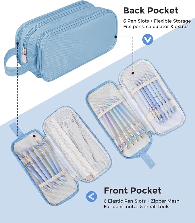 SKYDUE Large Capacity Pencil Case with Handle, 3 Compartment Canvas Pencil Pouch, Cute Soft Color Pencil Bag for Pens, Markers, Aesthetic Stationery and Organizer for Teen Girls Adult, Light Blue