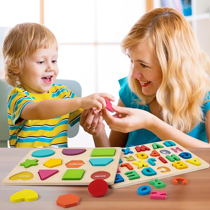 Attmu Wooden Puzzles for Toddlers, 3 Pcs Alphabet Puzzle ABC Shape Number Puzzle, Learning Toys for Kids, Preschool Educational Activities Toddler Gift Toys for Girls Boys Christmas Valentines Easter