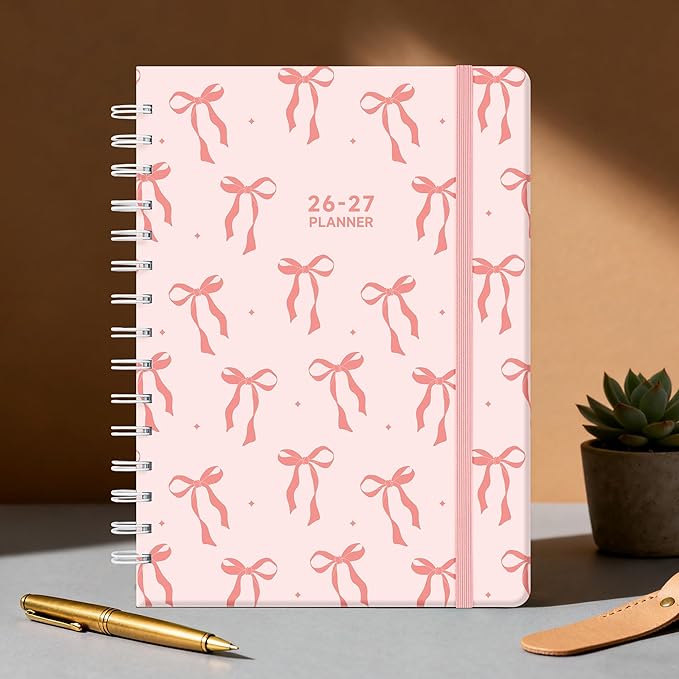 Planner 2026-2027 Monthly and Weekly Academic Planner July 2026 - June 2027, Hardcover Calendar 2026-2027 Agenda Daily Planner for Student Teacher School Office Supplies, 6" x 8.3", Pink Bow