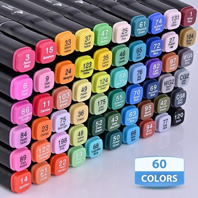 Dabo&Shobo 60 Color Alcohol Marker Pens, Bright Permanent Markers For Coloring, Markers For Adults Coloring Book, Wide Chisel And Fine Tip, Dual Tip Design Equipped with Black Suitcase