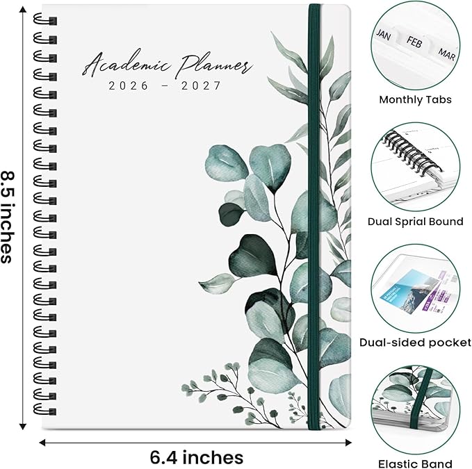 Academic Planner 2026-2027, Weekly and Monthly Calendar Book, July 2026 – June 2027, Hardcover Planner with Tabs, Perfect for Teachers, Students, Women & Men, A5 (6.4" x 8.5") - Leaf