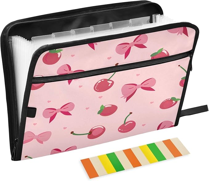 Pink Bows Cherries Pattern 13 Pocket File Organizer Expanding File Folder with Front Pouch Portable Business File Storage Document Organizer Folder with Zipper