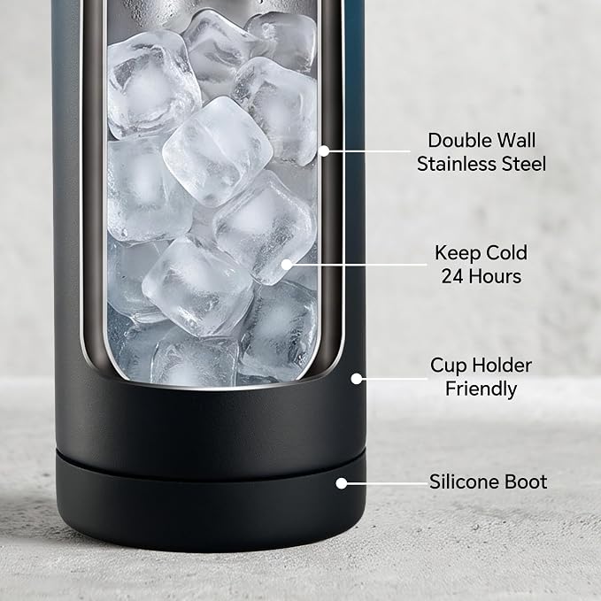 Fijinhom 18 oz Insulated Water Bottle with Straw Lid, Stainless Steel Water Bottles, Double Wall Vacuum, Portable Handle & Non-slip Bottom, BPA Free Leak Proof Metal Bottles, Keep Cold 24H, Blue/Black