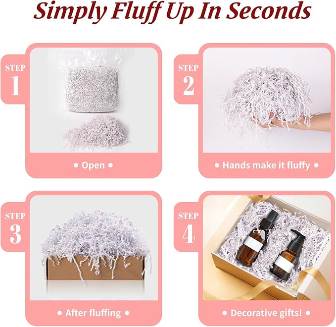 CANIYA 1 LB Iridescent Crinkle Cut Paper Shred Filler, Shredded Paper Filling for Gift Basket, Filler Paper for Birthday, Wedding, Anniversaries (Diamond White)