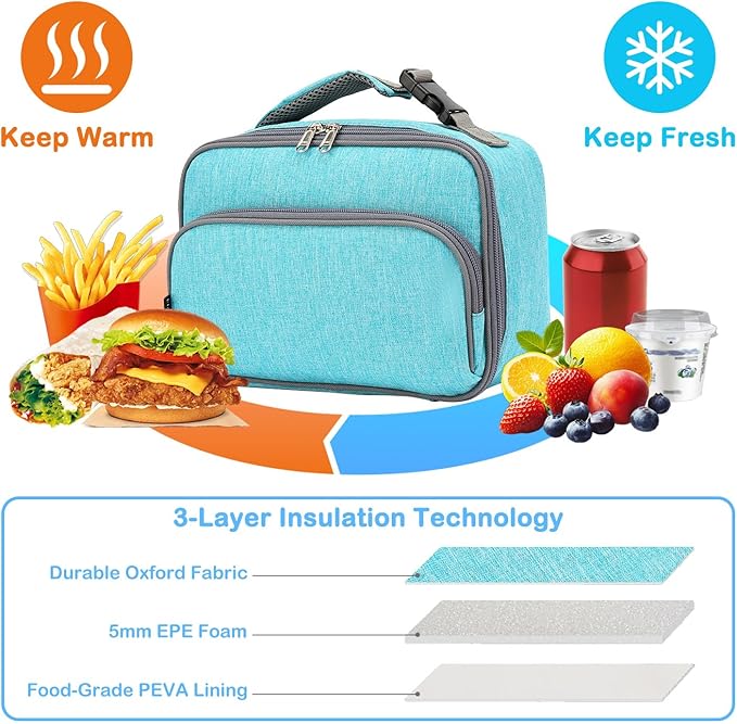 FlowFly Kids Lunch box Insulated Soft Bag Mini Cooler Back to School Thermal Meal Tote Kit for Girls, Boys, Sea Blue