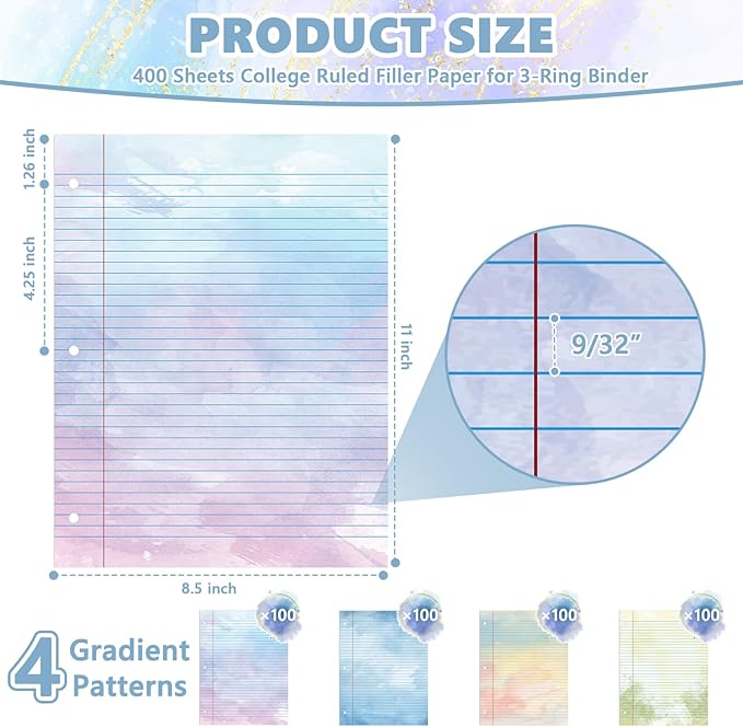 400 Sheets Letter Size Colored Loose Leaf Paper College Ruled For 3-Ring Binder 8.5" × 11" Colored Lined Filler Notebook Paper College Ruled Notepad 3-Hole Punched Watercolor 80gsm For School Office